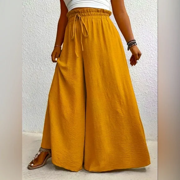 Golden Yellow Wide-Leg Elastic High Waist Pants - Picture 2 of 3